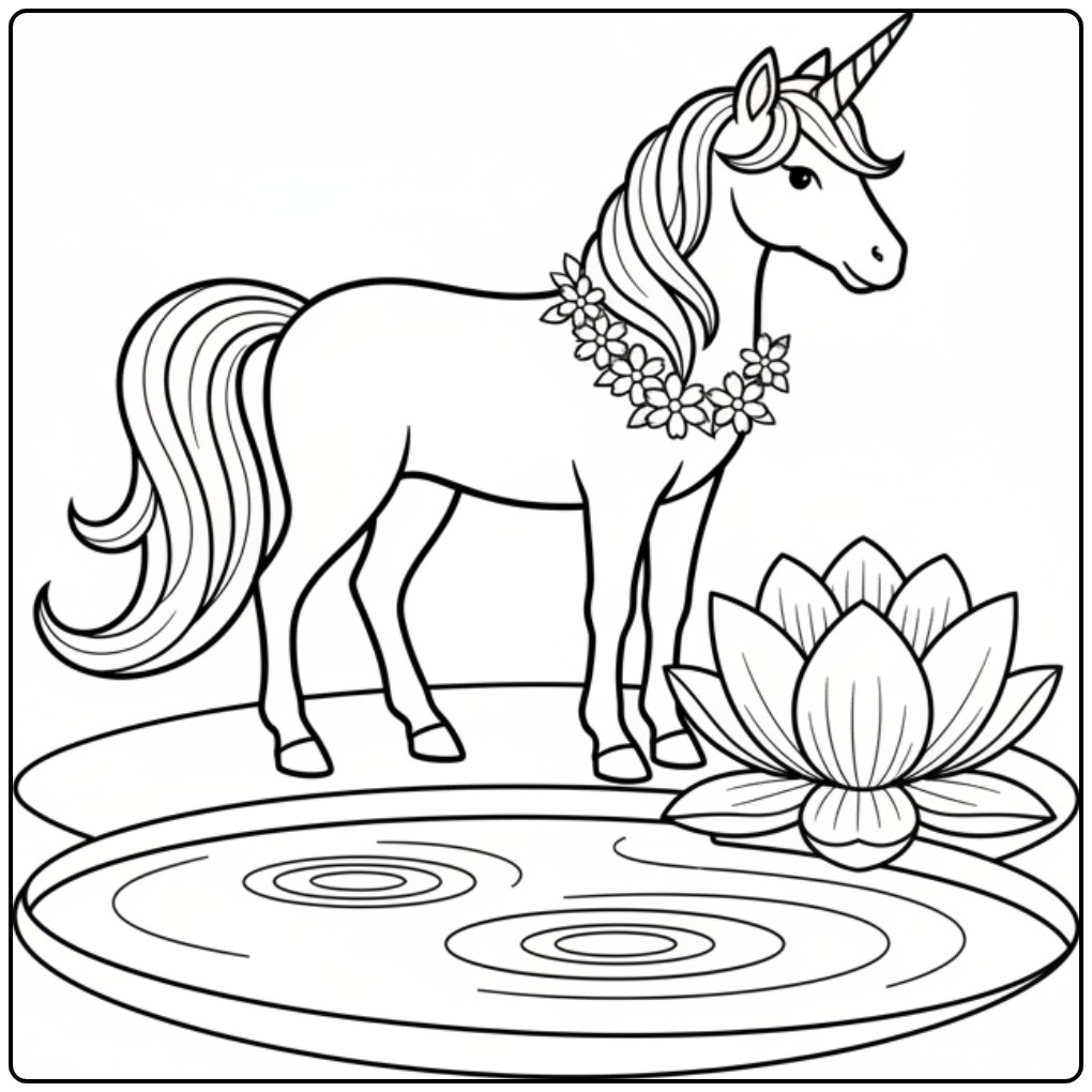 Un joli coloriage licorne fleur près d'un étang paisible.