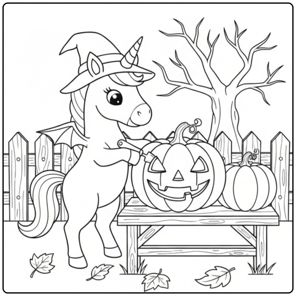 Un mignon coloriage licorne halloween avec un chapeau de sorcière.