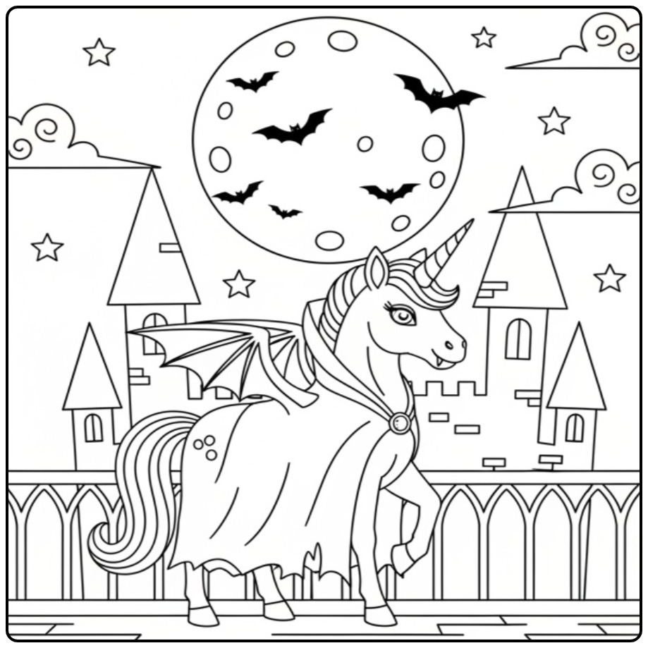 Un superbe coloriage licorne halloween avec une cape de vampire.