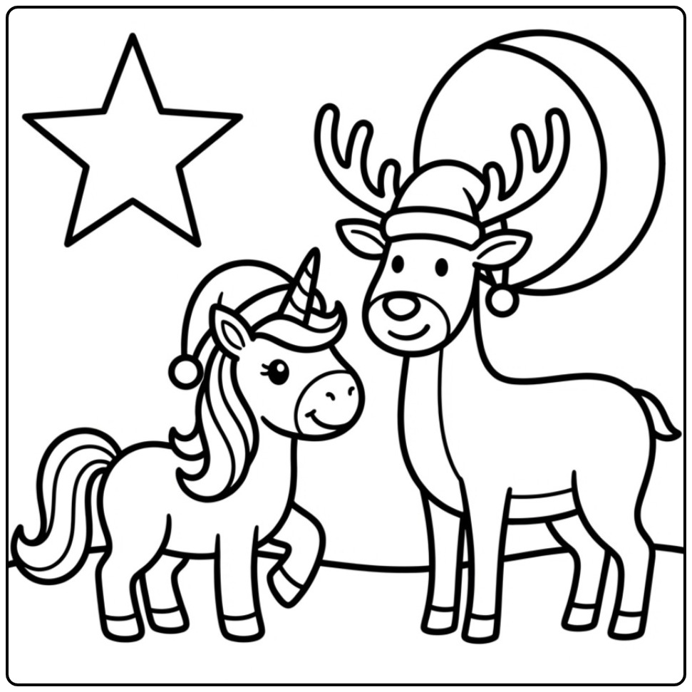 Adorable scène de coloriage licorne noel avec un renne.