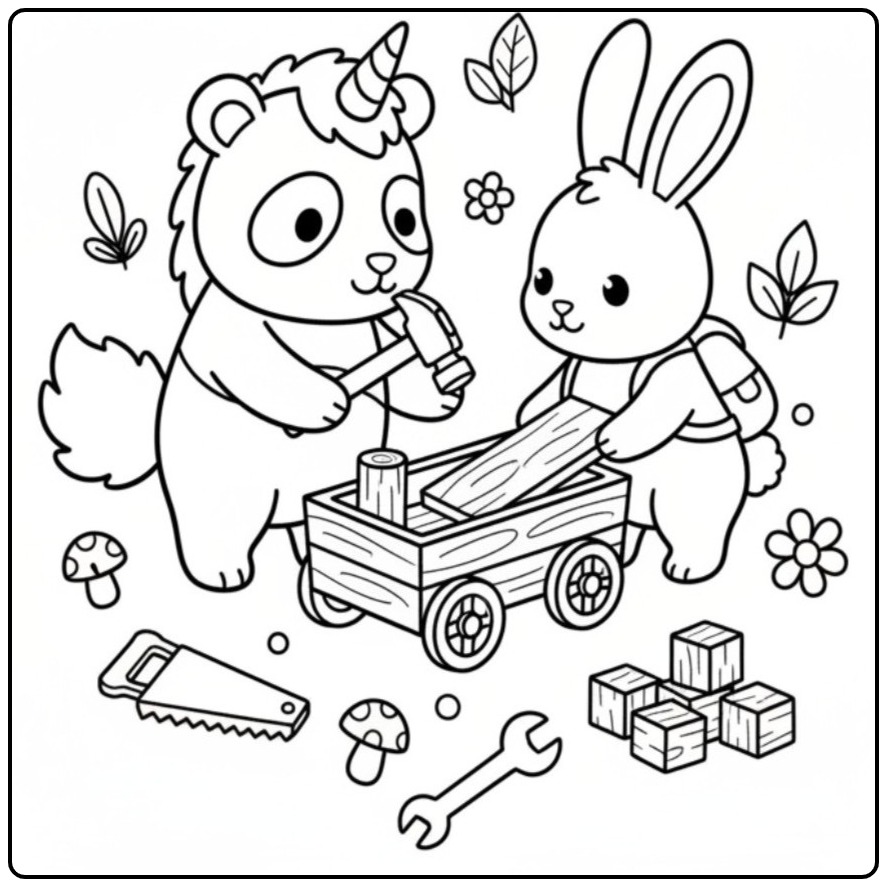 Adorable coloriage panda licorne et lapin bricoleurs en forêt.