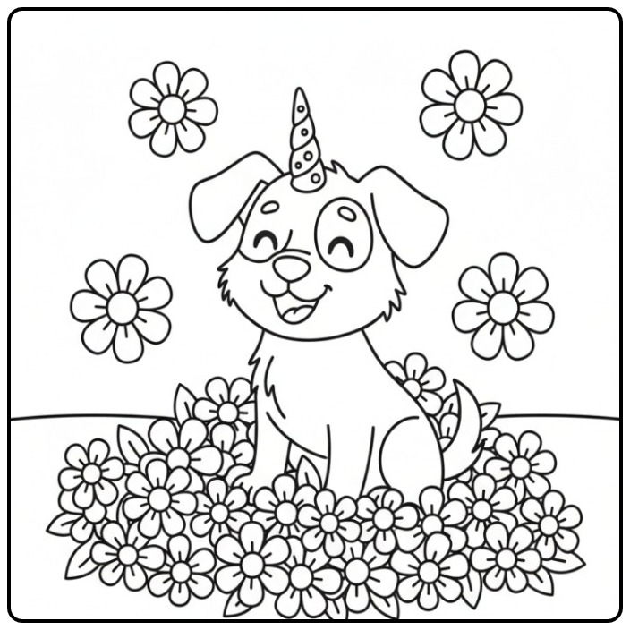 Un joyeux coloriage chien licorne assis dans un champ de fleurs.