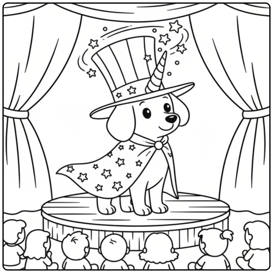 Un adorable coloriage chien licorne en spectacle de magie.
