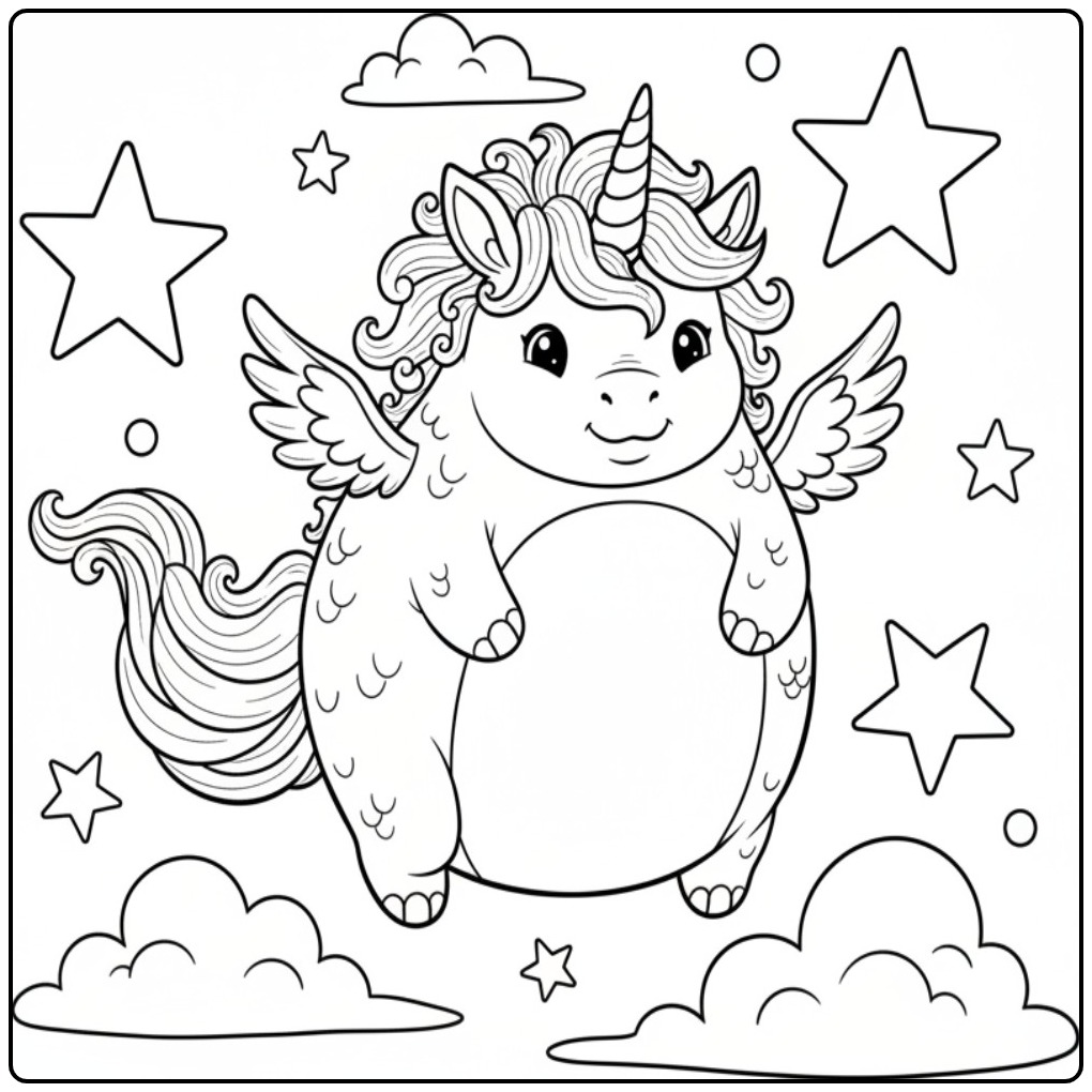 Un mignon et joufflu coloriage dragon licorne volant au ciel.