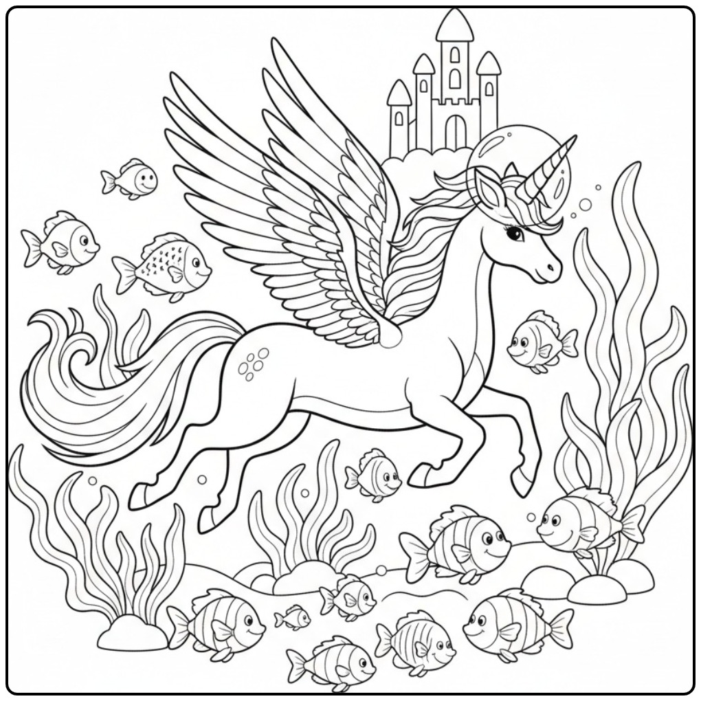 Un magique coloriage dragon licorne nageant sous l'océan.