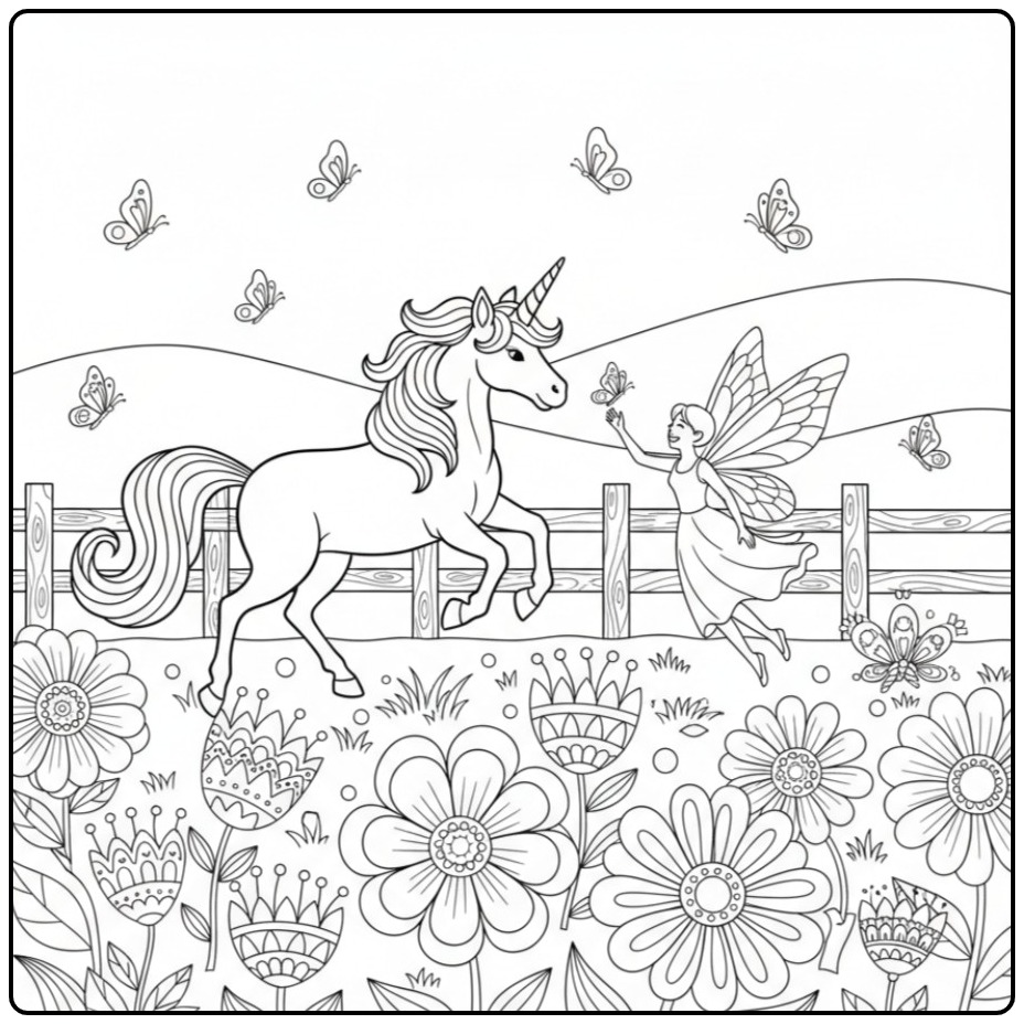 Un joli coloriage fée licorne dans un champ de fleurs.