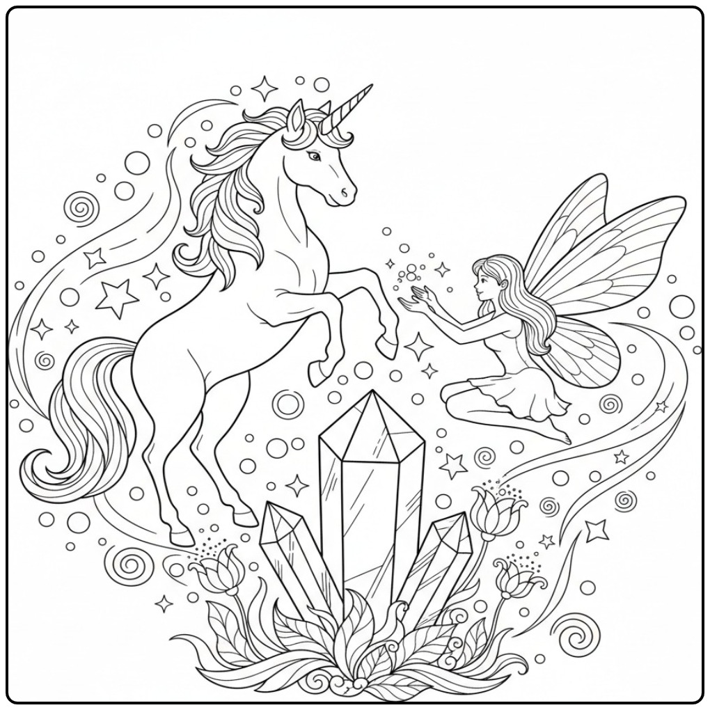 Un magique coloriage fée licorne avec des cristaux brillants.