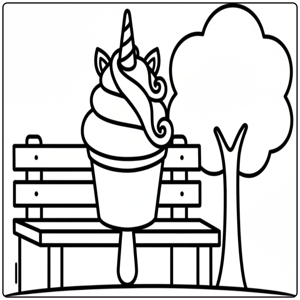 Coloriage glace licorne kawaii posée devant un banc public.