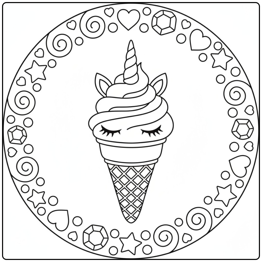 Un joli coloriage glace licorne dans un cercle décoré.