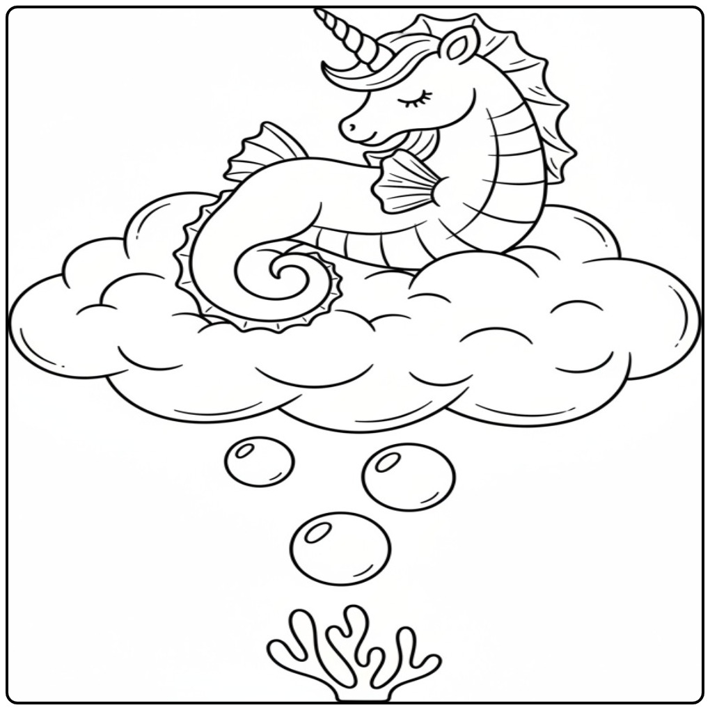 Un joli coloriage hippocampe licorne assis sur un nuage magique.
