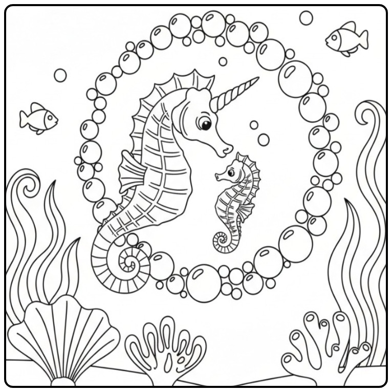 Joli coloriage hippocampe licorne et son bébé dans l'océan.