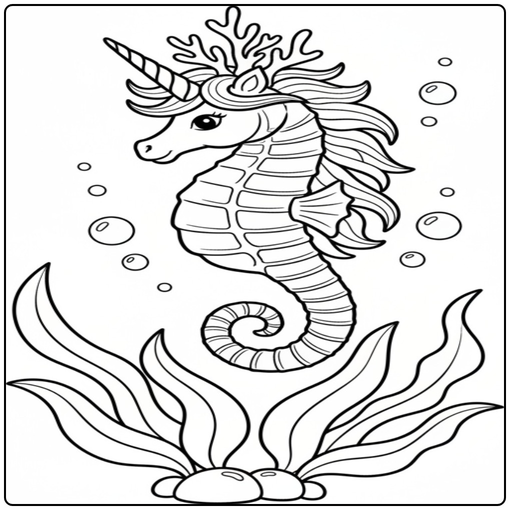 Un magique coloriage hippocampe licorne parmi les algues.