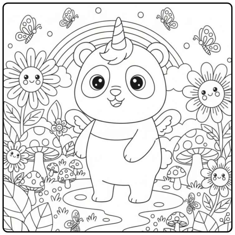 Un joli coloriage kawaii panda licorne avec des ailes de fée.