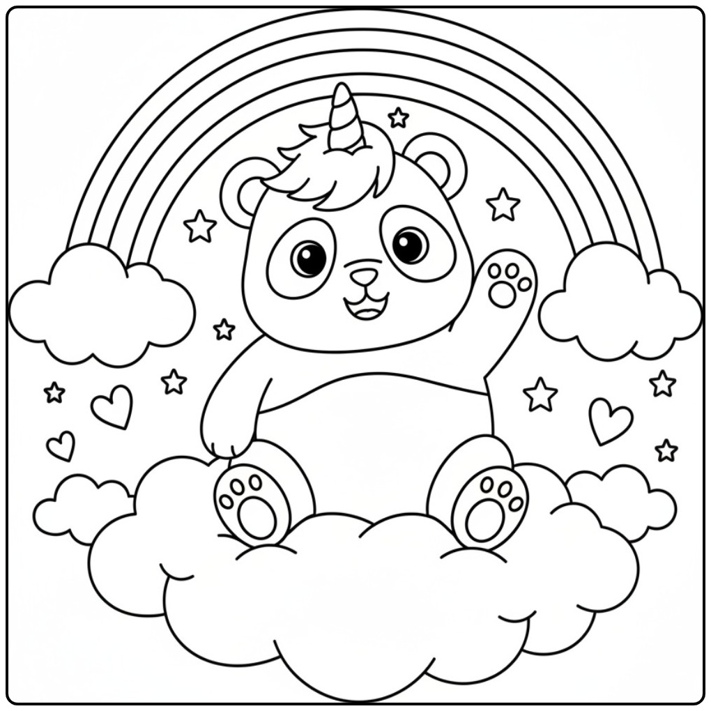 Un adorable coloriage kawaii panda licorne sur un nuage.