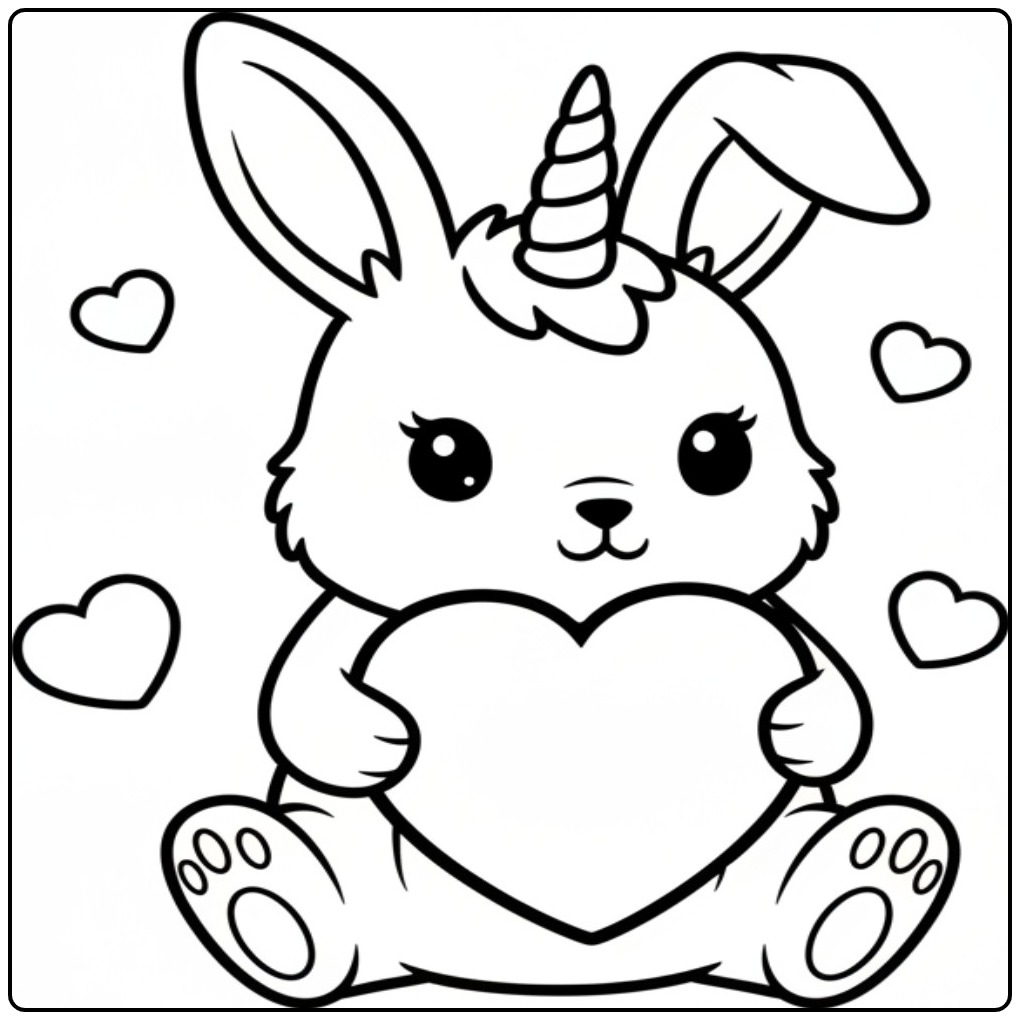 Adorable coloriage lapin licorne tenant un grand cœur d'amour.