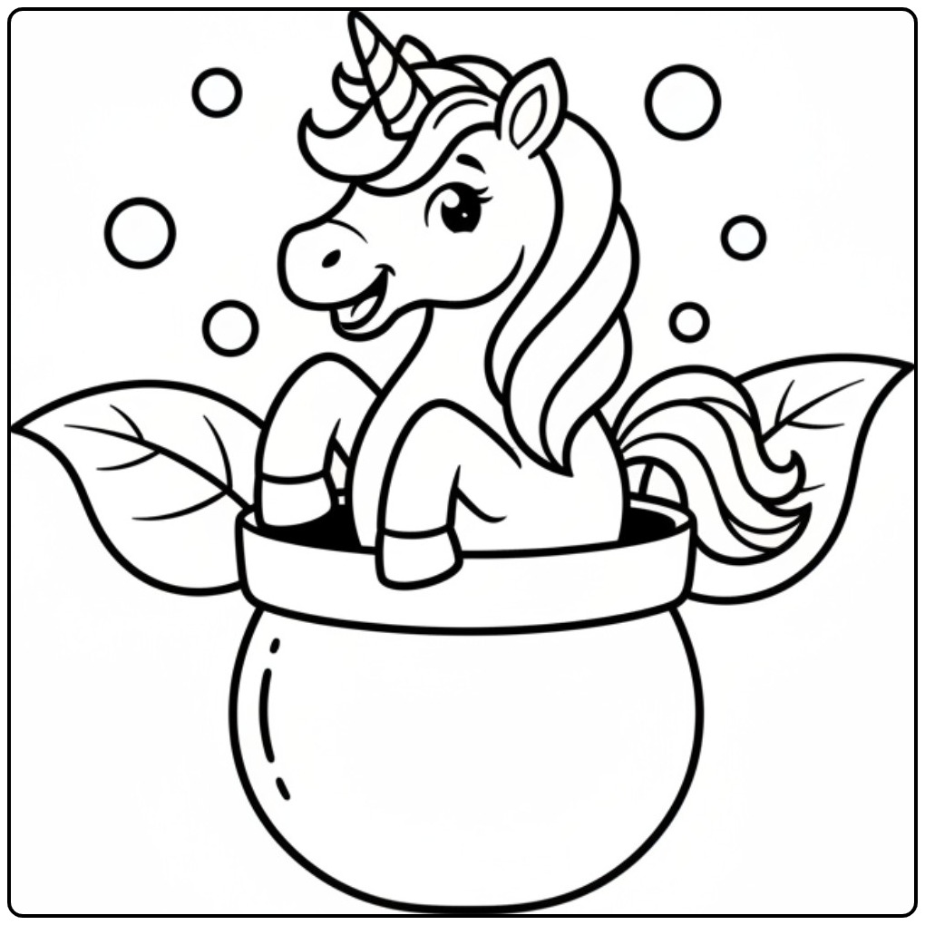 Un joyeux coloriage licorne fleur qui sort d'un pot magique.