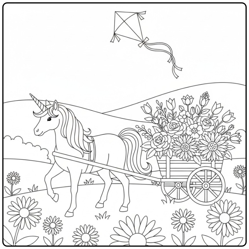 Jolie scène de coloriage licorne fleur avec une charrette.