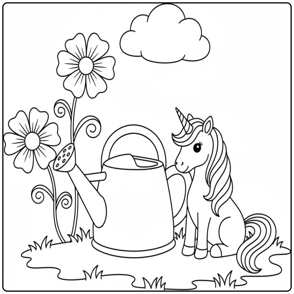 Un joli coloriage licorne fleur avec un grand arrosoir.