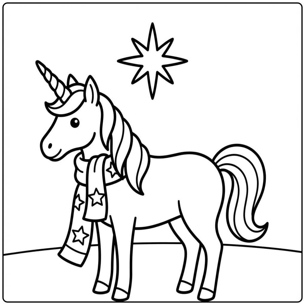 Un joli coloriage licorne noel avec une écharpe étoilée.