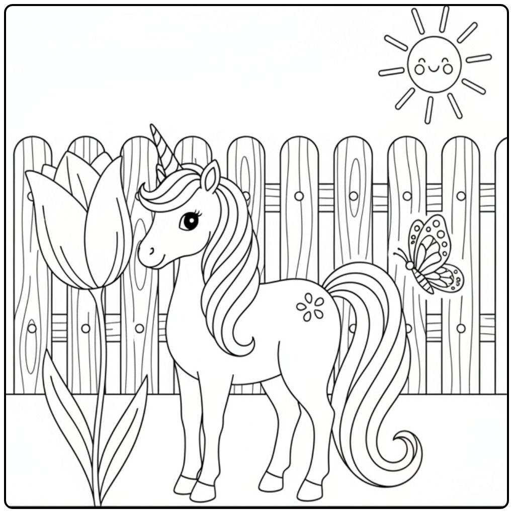 Joli coloriage licorne papillon dans un jardin avec une tulipe.