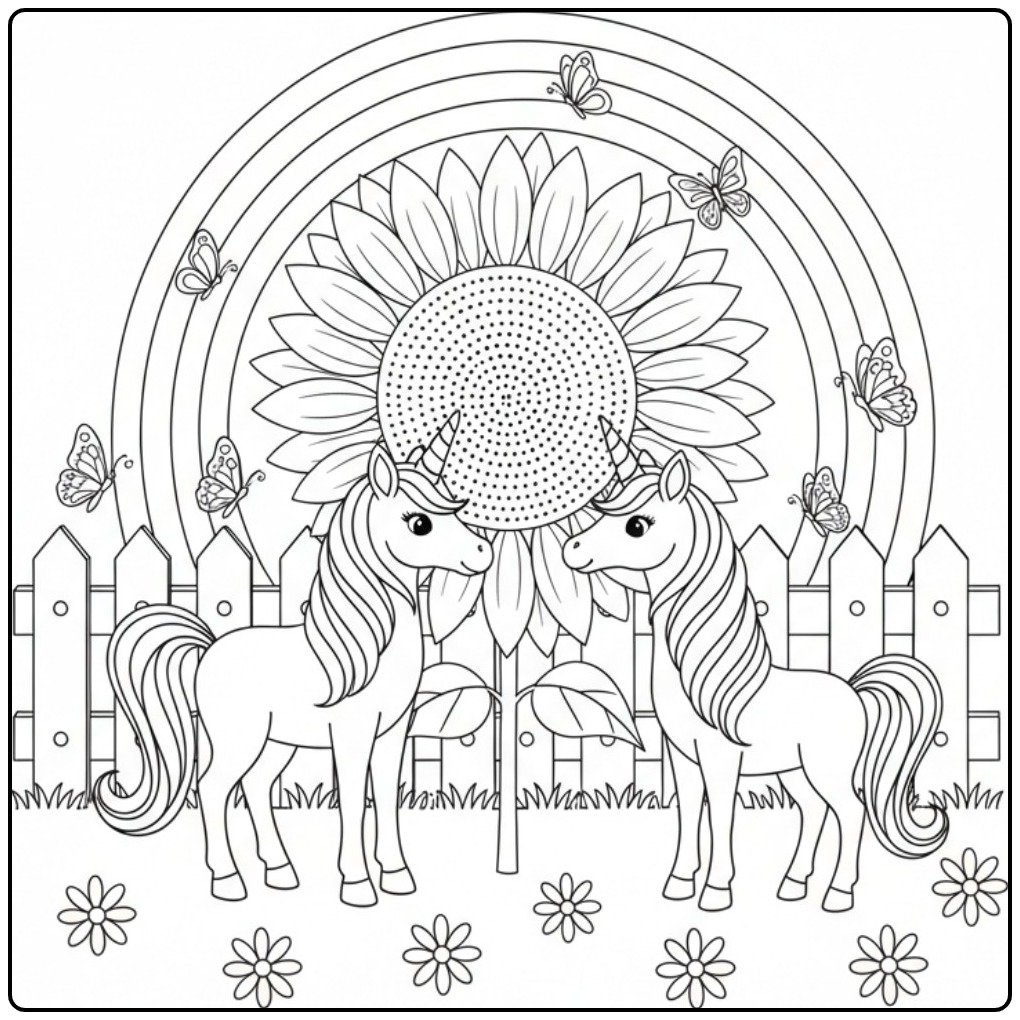 Deux licornes et un tournesol, un coloriage licorne papillon.