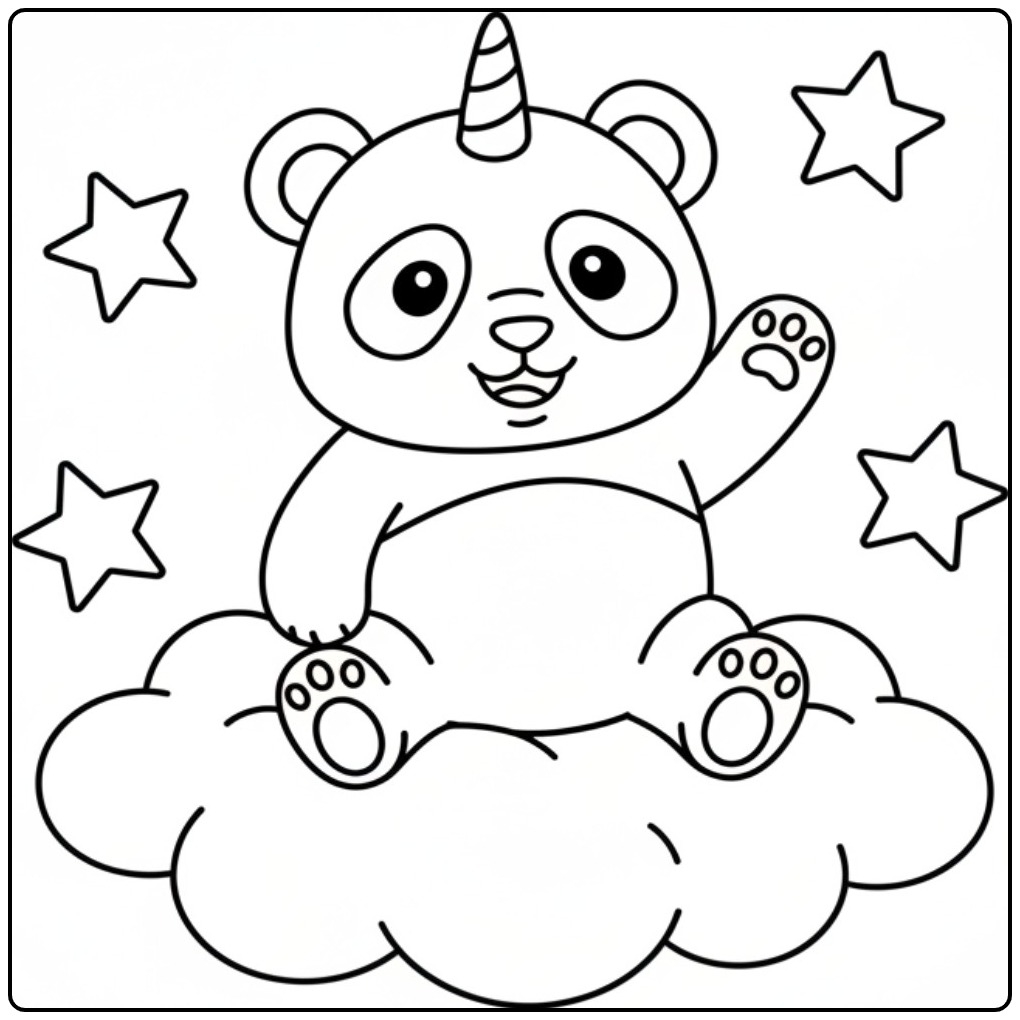 Un adorable coloriage panda licorne qui fait coucou sur un nuage.
