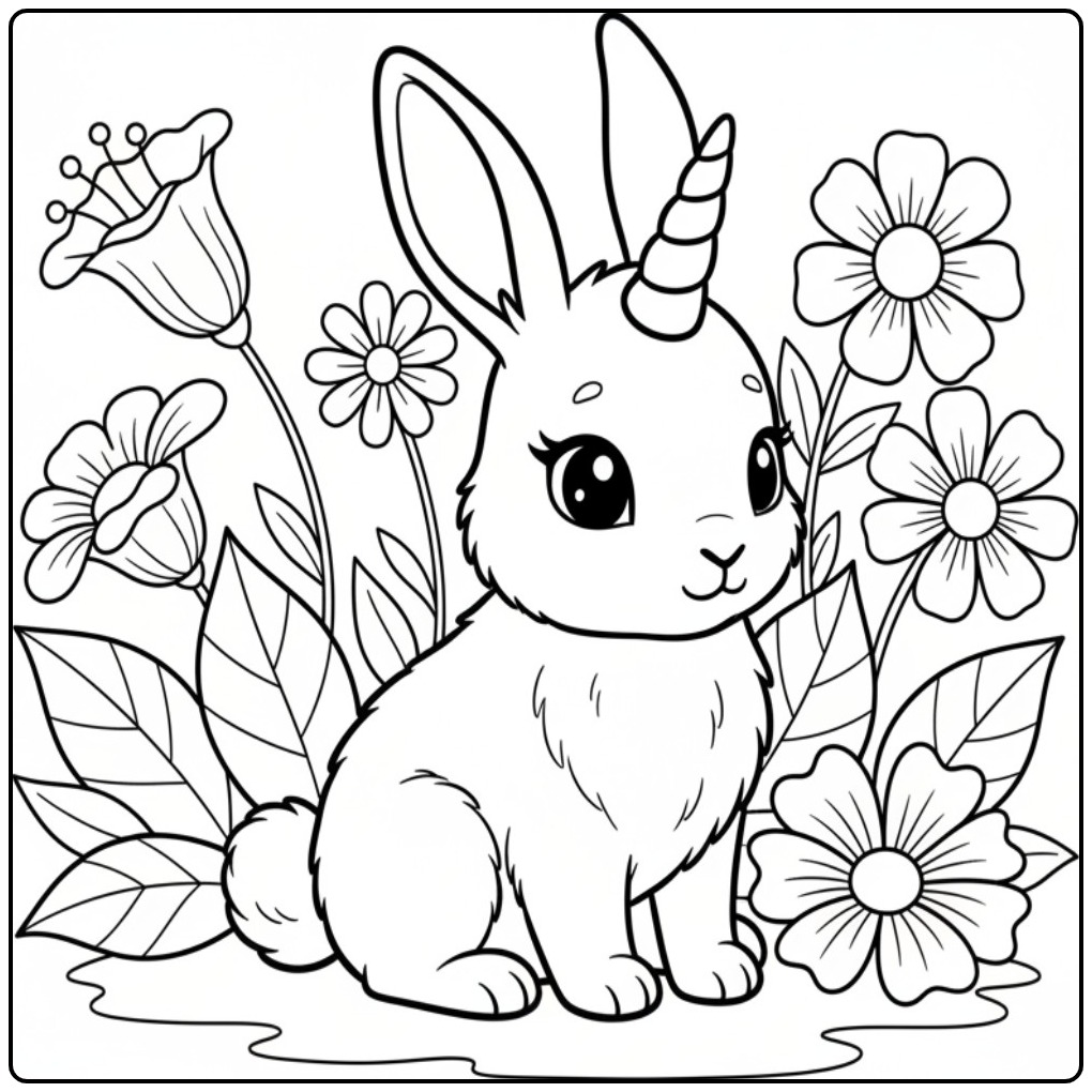Un mignon coloriage lapin licorne assis au milieu des fleurs.