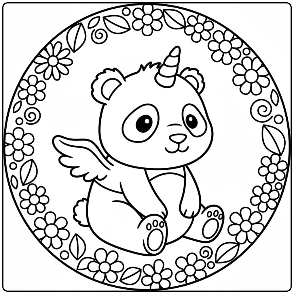 Un mignon coloriage panda licorne avec des ailes et des fleurs.