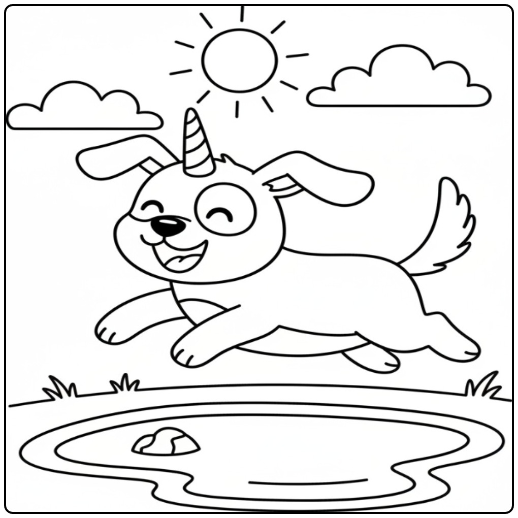 Un joyeux coloriage chien licorne qui saute sous le soleil.