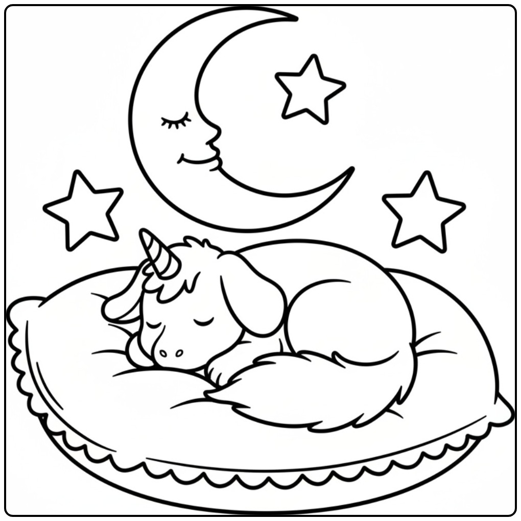 Un adorable coloriage chien licorne endormi sous la lune.