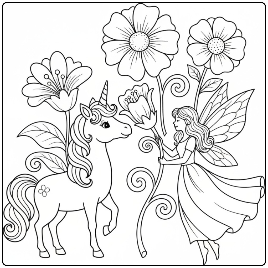 Joli coloriage fée licorne dans un jardin de fleurs magiques.
