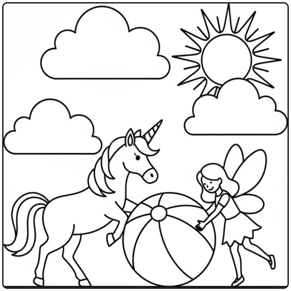 Un simple coloriage fée licorne jouant avec un ballon.