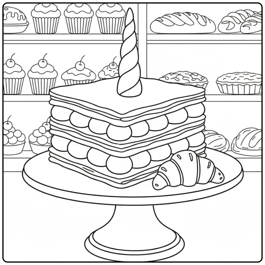 Un joli coloriage gateau licorne de style mille-feuille.