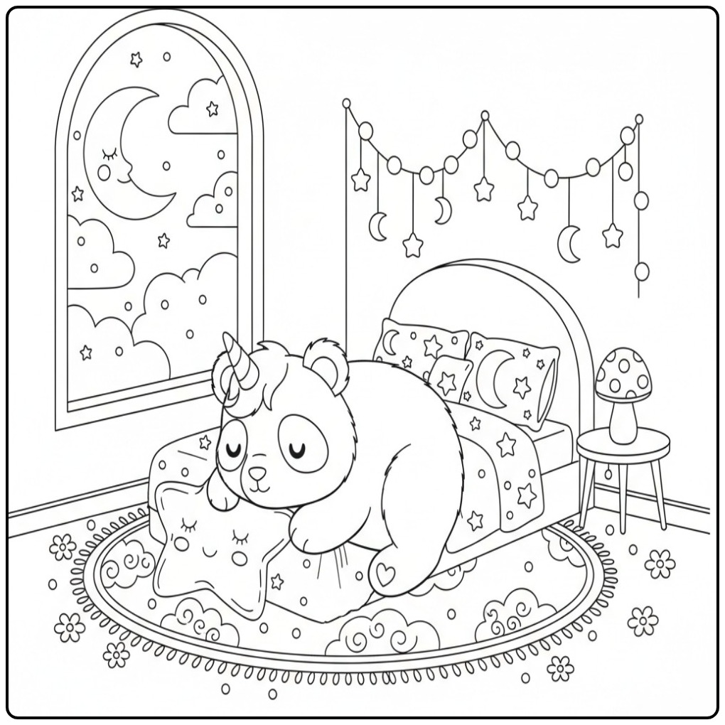 Un adorable coloriage kawaii panda licorne dormant dans sa chambre.
