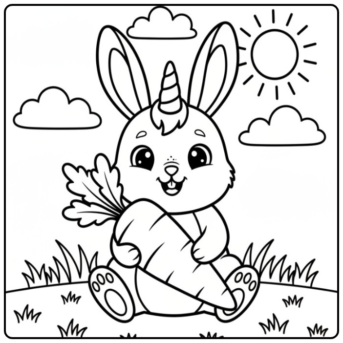 Un mignon coloriage lapin licorne tenant une grosse carotte.