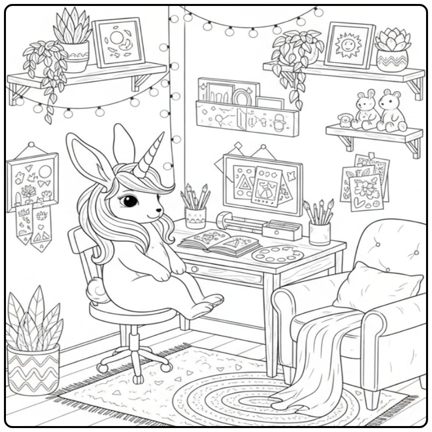 Un adorable coloriage lapin licorne dans son atelier d'artiste.