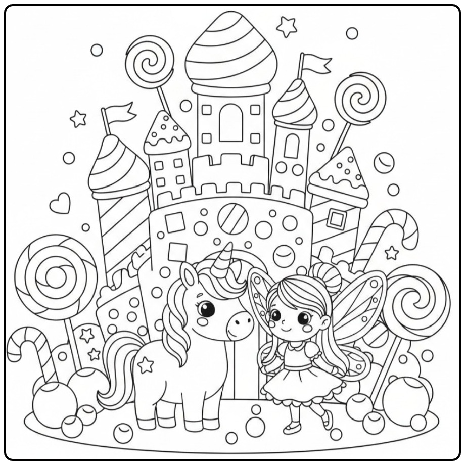 Jolie fée et sa licorne magique, Coloriage Licorne et Pays des Bonbons.