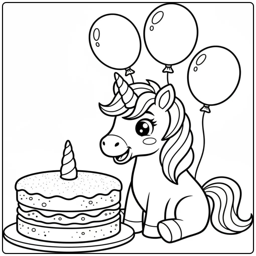 Une licorne joyeuse près d'un gâteau, coloriage gateau licorne.