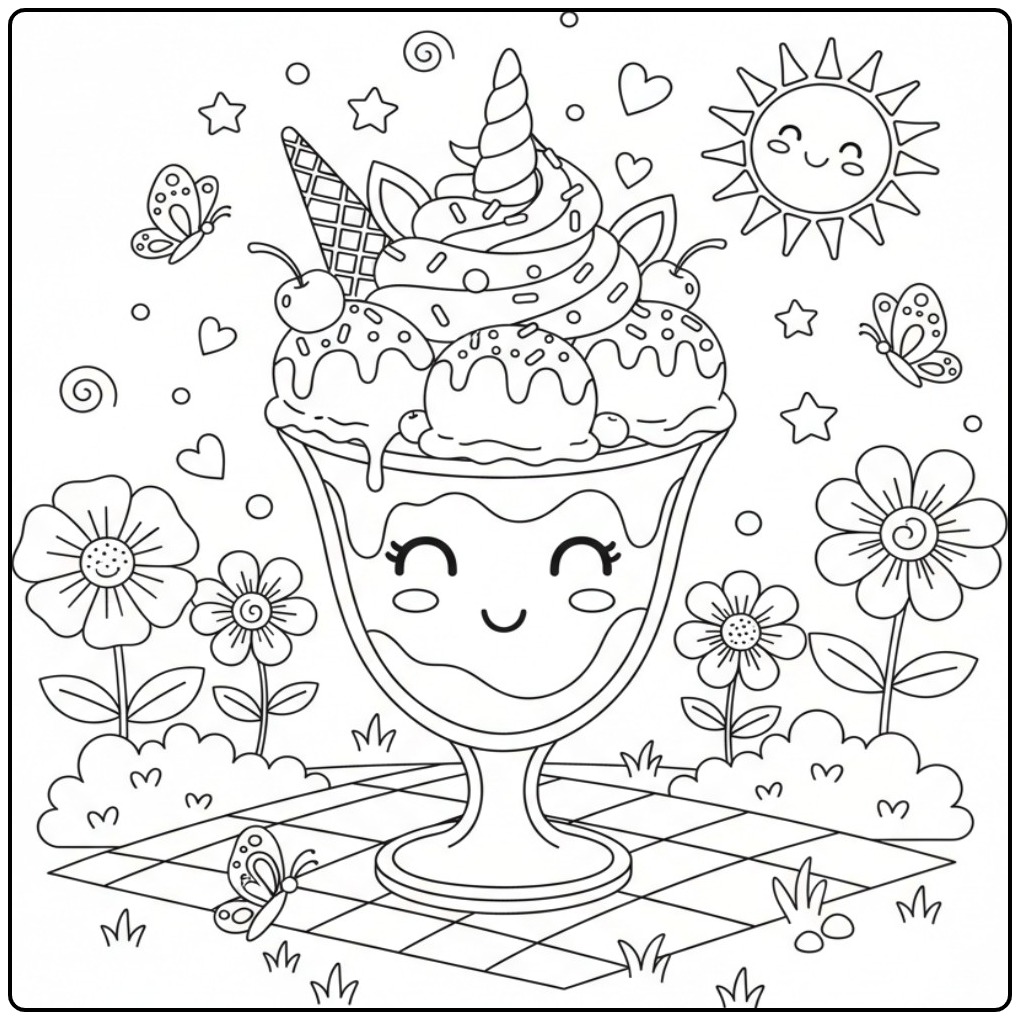 Un joyeux Coloriage glace licorne sundae dans un jardin fleuri.