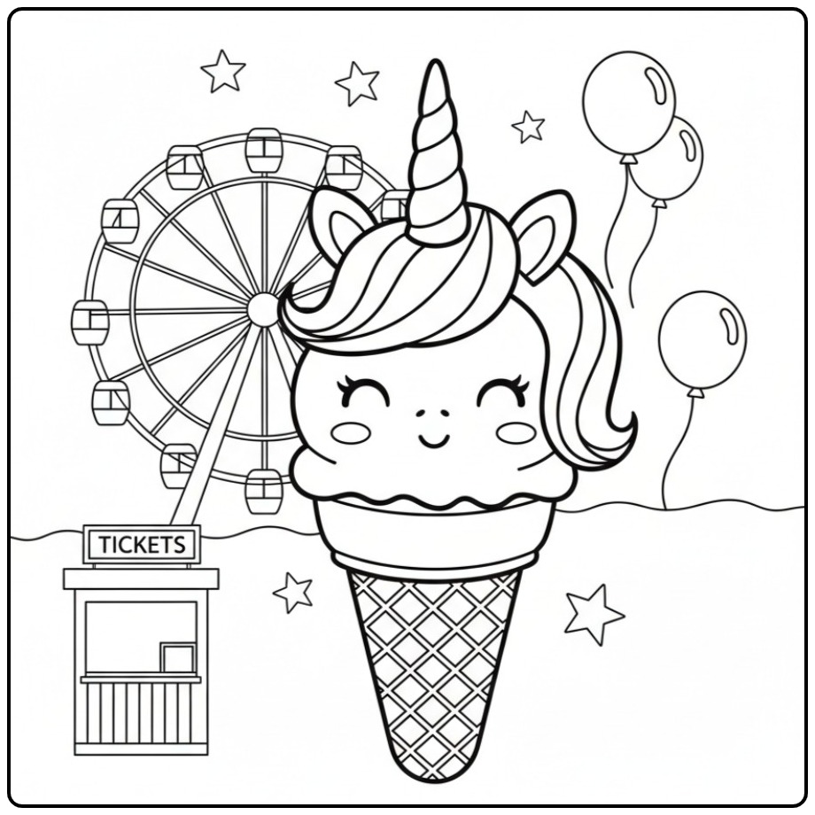 Joli coloriage glace licorne souriante dans un parc d'attractions.