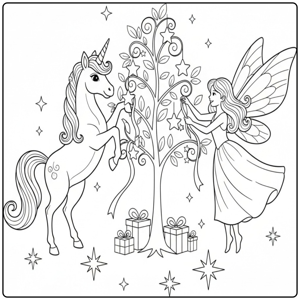 Un joli coloriage fée licorne qui décore un arbre de fête.