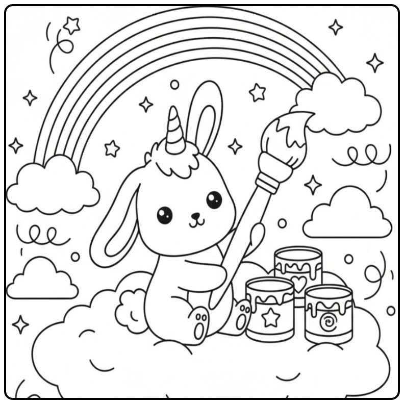 Un adorable Coloriage lapin licorne et arc-en-ciel à peindre.
