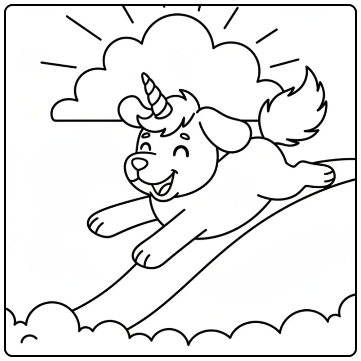 Un joyeux coloriage chien licorne qui glisse sur un arc-en-ciel.