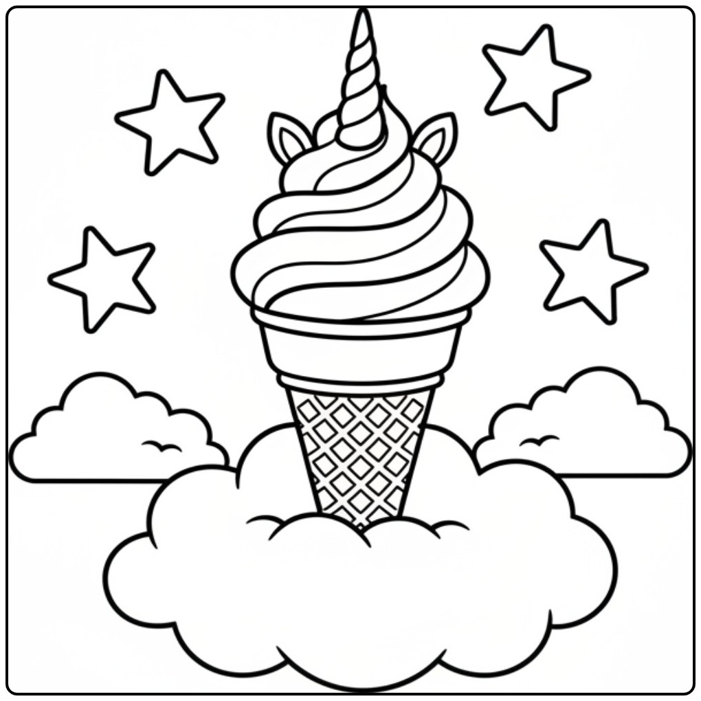 Un joli dessin de coloriage glace licorne sur un nuage doux.