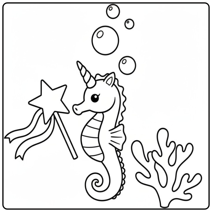 Un mignon dessin de coloriage hippocampe licorne sous l'eau.