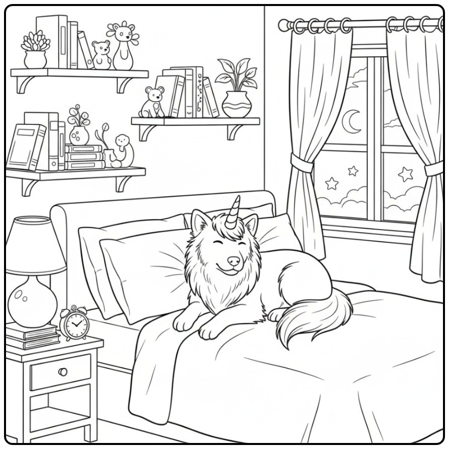Adorable coloriage chien licorne souriant sur un lit douillet.