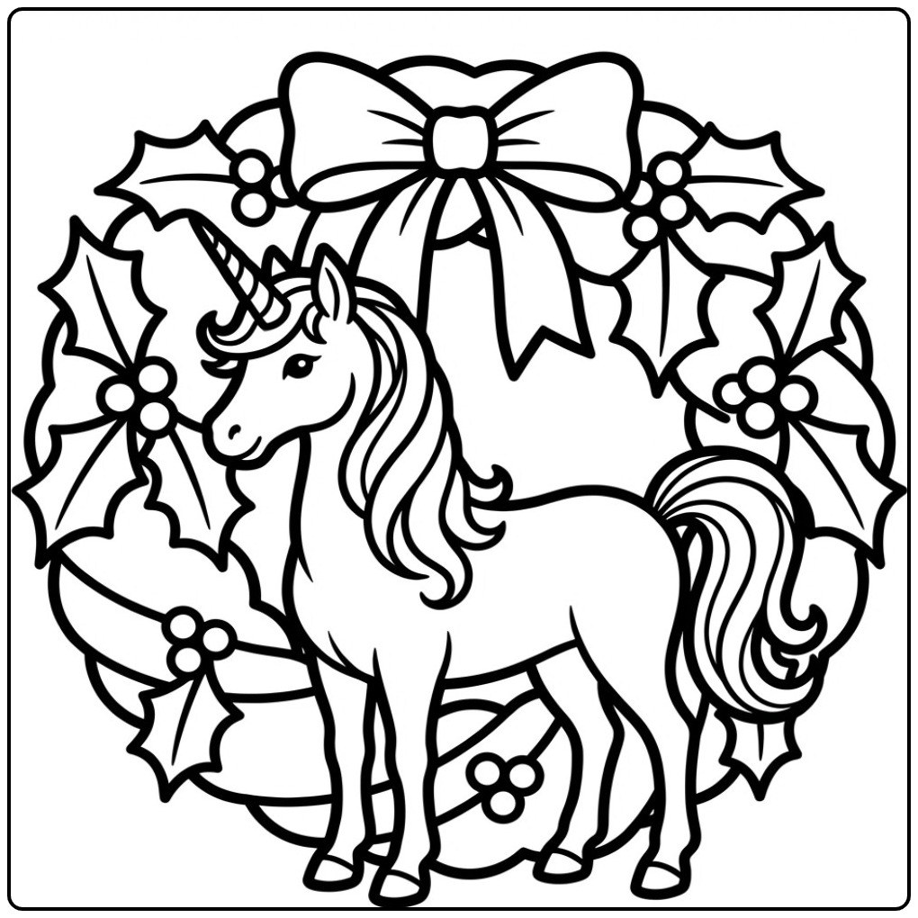 Un joli coloriage licorne noel se tenant devant une couronne.