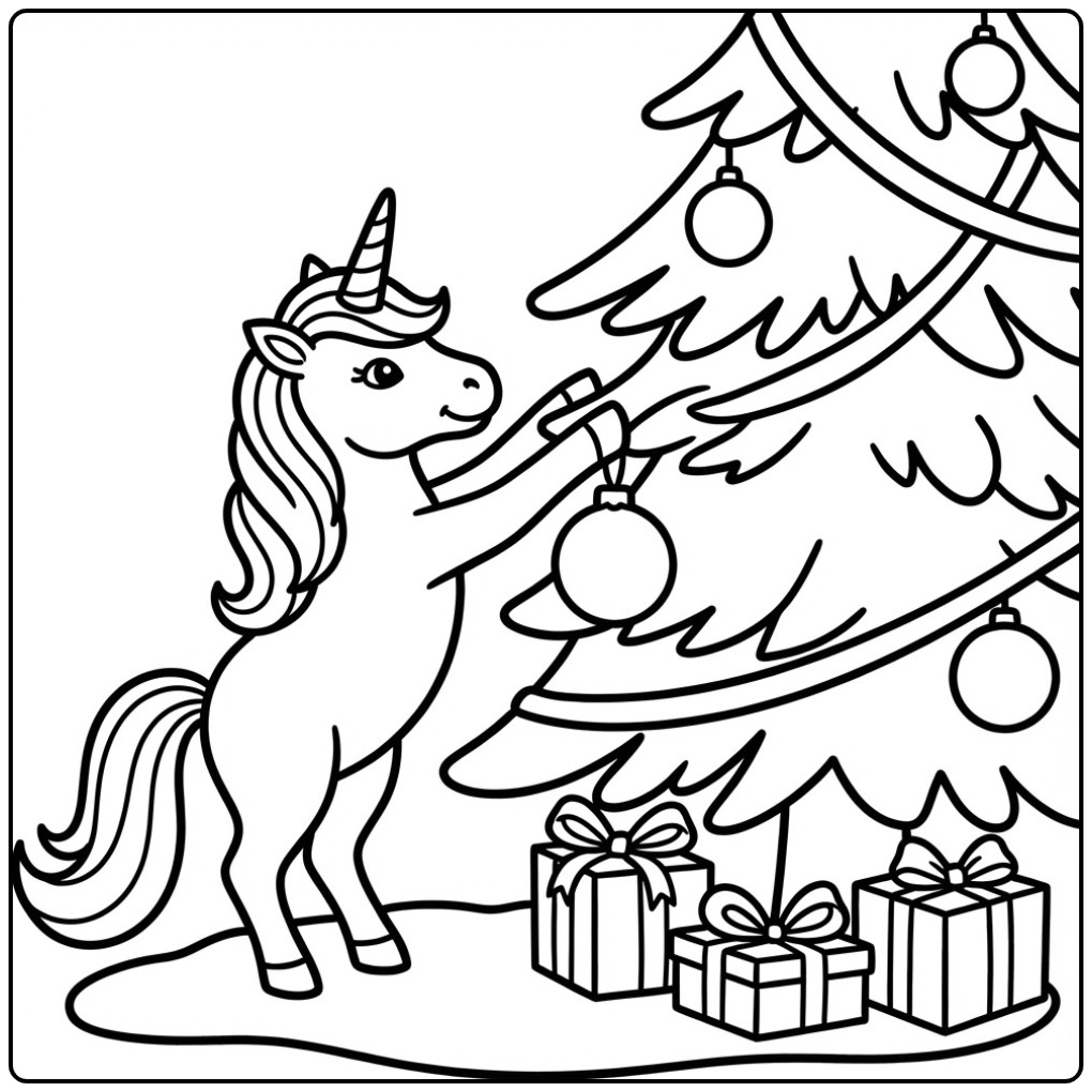 Une licorne décore un sapin sur ce coloriage licorne noel.
