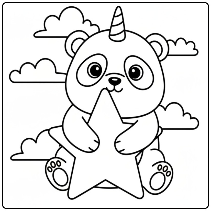 Un adorable coloriage panda licorne tenant une grande étoile.