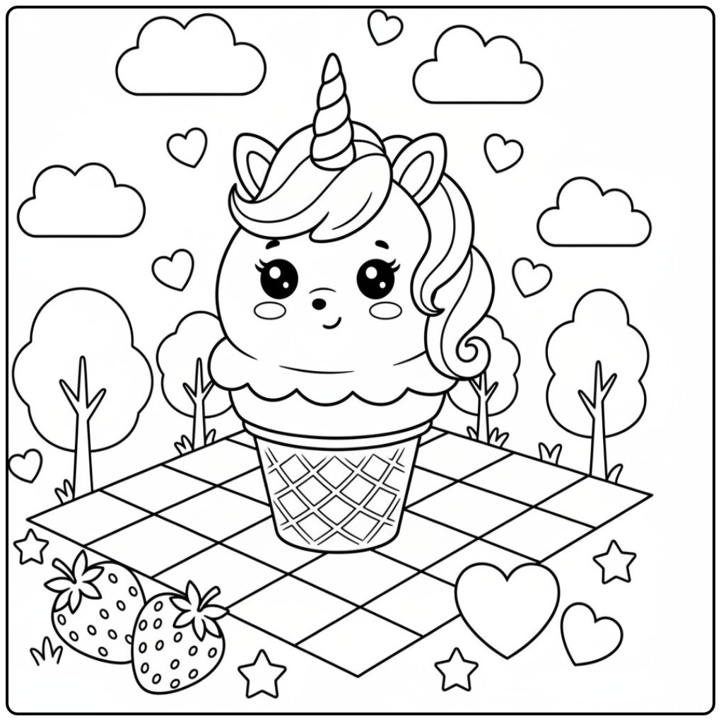 Jolie page de Coloriage glace licorne en cornet pour s'amuser.